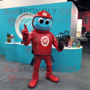 Cyan Bottle Of Ketchup mascot costume character dressed with a Moto Jacket and Bracelet watches