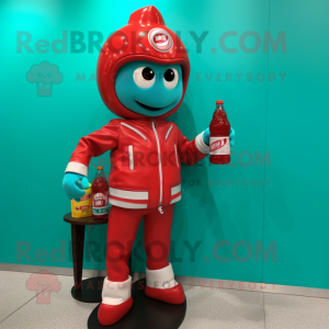 Cyan Bottle Of Ketchup mascot costume character dressed with a Moto Jacket and Bracelet watches