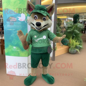 Forest Green Dingo mascot costume character dressed with a Romper and Foot pads