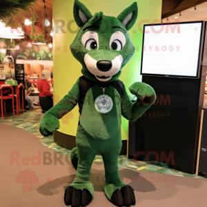 Forest Green Dingo mascot costume character dressed with a Romper and Foot pads