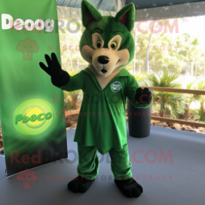 Forest Green Dingo mascot costume character dressed with a Romper and Foot pads