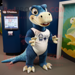 Navy Iguanodon mascot costume character dressed with a Sweatshirt and Coin purses