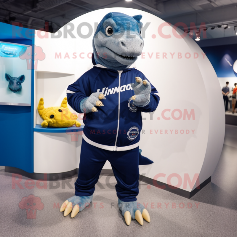 Navy Iguanodon mascot costume character dressed with a Sweatshirt and Coin purses Navy Iguanodon mascot costume character dressed with a Sweatshirt and Coin purses