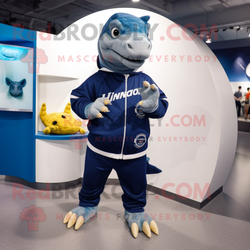 Navy Iguanodon mascot costume character dressed with a Sweatshirt and Coin purses