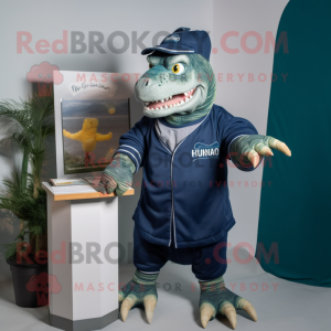 Navy Iguanodon mascot costume character dressed with a Sweatshirt and Coin purses