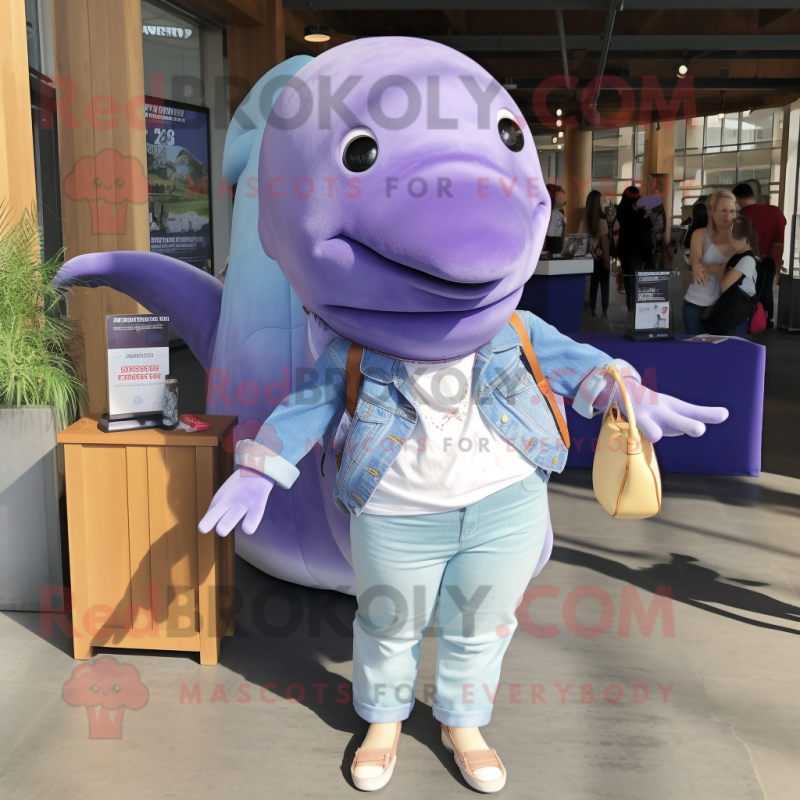 Lavender Whale mascot costume character dressed with a Mom Jeans and Tote bags Lavender Whale mascot costume character dressed with a Mom Jeans and Tote bags
