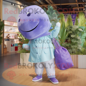 Lavender Whale mascot costume character dressed with a Mom Jeans and Tote bags