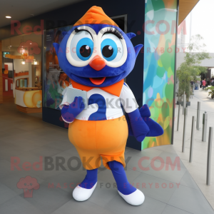 Navy Clown Fish mascot costume character dressed with a Leggings and Clutch bags