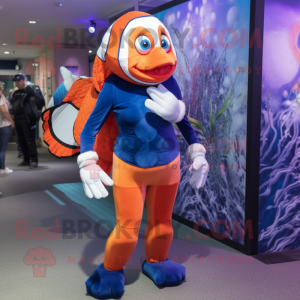 Navy Clown Fish mascot costume character dressed with a Leggings and Clutch bags