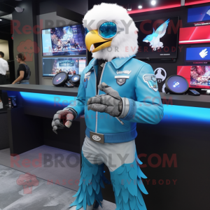 Sky Blue Bald Eagle mascot costume character dressed with a Moto Jacket and Digital watches