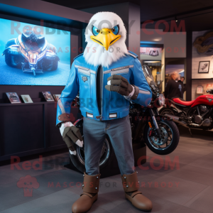 Sky Blue Bald Eagle mascot costume character dressed with a Moto Jacket and Digital watches