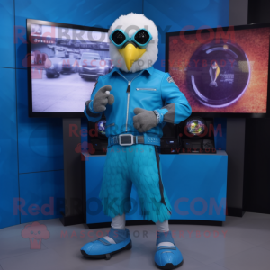 Sky Blue Bald Eagle mascot costume character dressed with a Moto Jacket and Digital watches