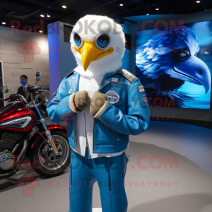 Sky Blue Bald Eagle mascot costume character dressed with a Moto Jacket and Digital watches