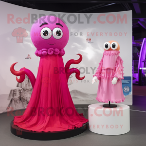 Magenta Squid mascot costume character dressed with a Wedding Dress and Coin purses
