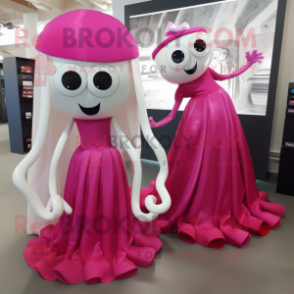 Magenta Squid mascot costume character dressed with a Wedding Dress and Coin purses
