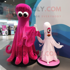 Magenta Squid mascot costume character dressed with a Wedding Dress and Coin purses