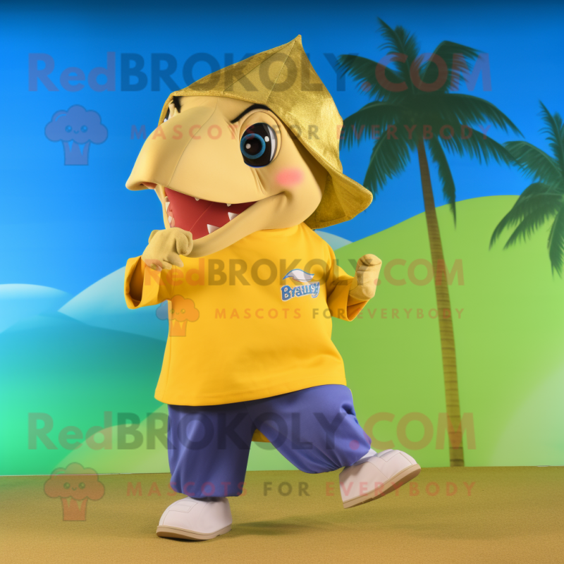 Gold Dolphin mascot costume character dressed with a Bermuda Shorts and Wraps Gold Dolphin mascot costume character dressed with a Bermuda Shorts and Wraps
