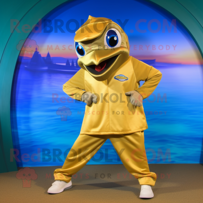 Gold Dolphin mascot costume character dressed with a Bermuda Shorts and Wraps