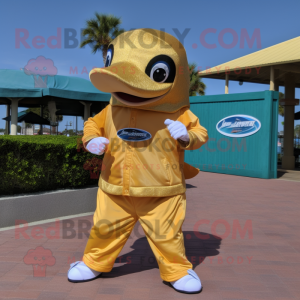 Gold Dolphin mascot costume character dressed with a Bermuda Shorts and Wraps