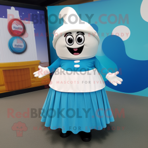 Cyan Shepard'S Pie mascot costume character dressed with a Circle Skirt and Beanies