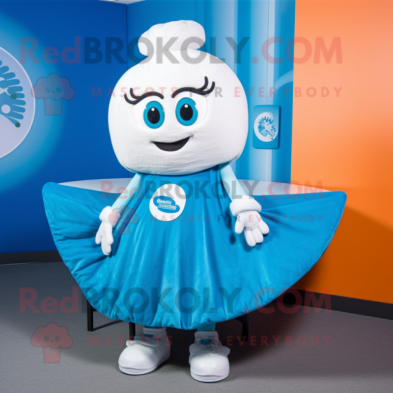 Cyan Shepard'S Pie mascot costume character dressed with a Circle Skirt and Beanies