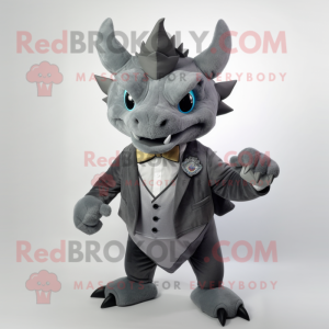 Gray Triceratops mascot costume character dressed with a Suit Pants and Keychains
