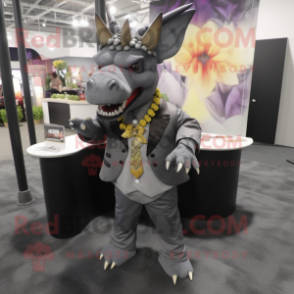 Gray Triceratops mascot costume character dressed with a Suit Pants and Keychains