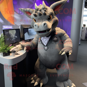 Gray Triceratops mascot costume character dressed with a Suit Pants and Keychains