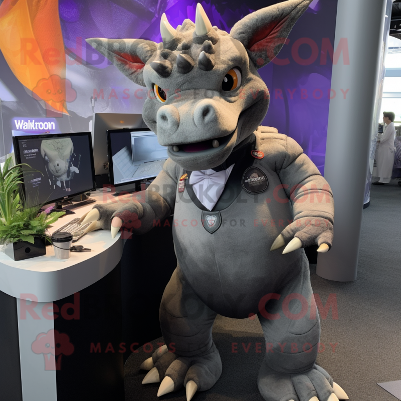 Gray Triceratops mascot costume character dressed with a Suit Pants and Keychains Gray Triceratops mascot costume character dressed with a Suit Pants and Keychains