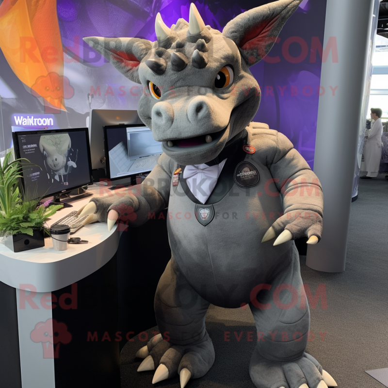 Gray Triceratops mascot costume character dressed with a Suit Pants and Keychains