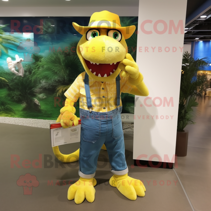 Yellow Crocodile mascot costume character dressed with a Chambray Shirt and Wallets