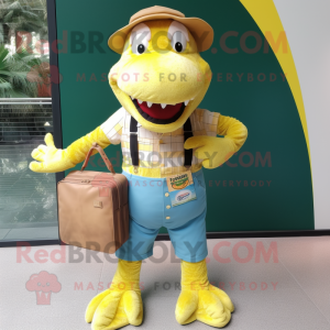 Yellow Crocodile mascot costume character dressed with a Chambray Shirt and Wallets