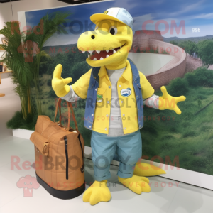 Yellow Crocodile mascot costume character dressed with a Chambray Shirt and Wallets