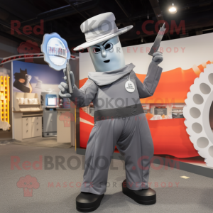 Gray Knife Thrower mascot costume character dressed with a Suit and Hats