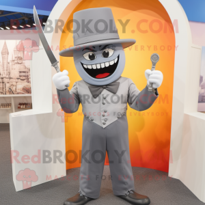 Gray Knife Thrower mascot costume character dressed with a Suit and Hats