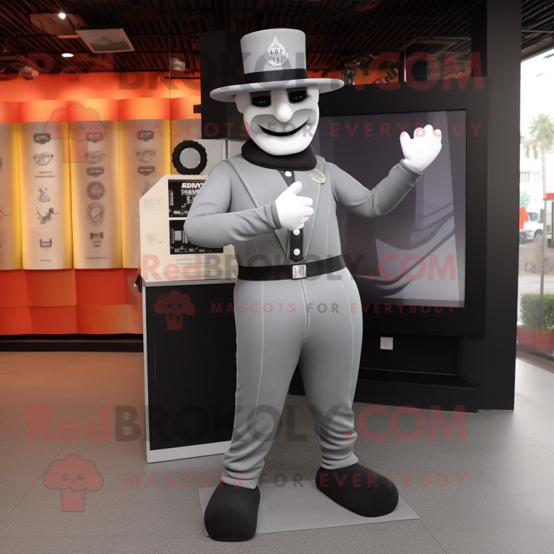 Gray Knife Thrower mascot costume character dressed with a Suit and Hats