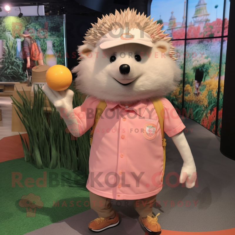 Peach Hedgehog mascot costume character dressed with a Polo Shirt and Hat pins Peach Hedgehog mascot costume character dressed with a Polo Shirt and Hat pins