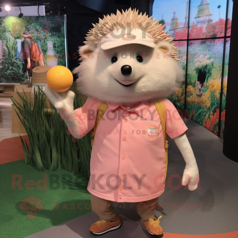 Peach Hedgehog mascot costume character dressed with a Polo Shirt and Hat pins