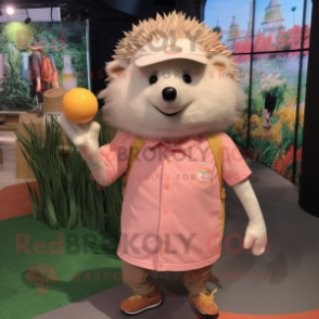 Peach Hedgehog mascot costume character dressed with a Polo Shirt and Hat pins