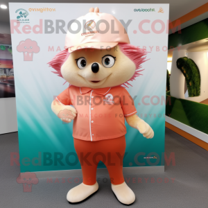 Peach Hedgehog mascot costume character dressed with a Polo Shirt and Hat pins