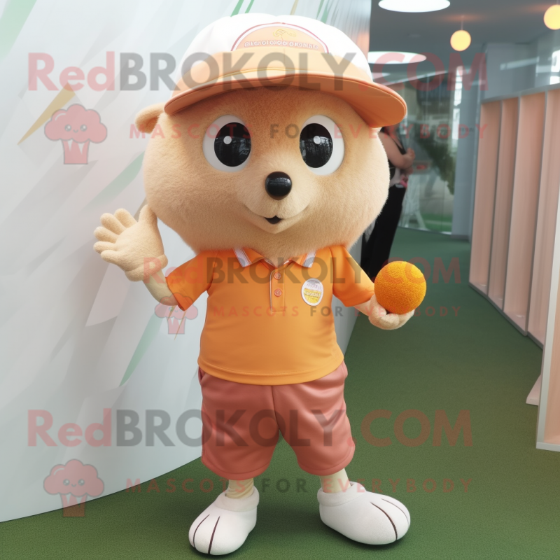 Peach Hedgehog mascot costume character dressed with a Polo Shirt and Hat pins