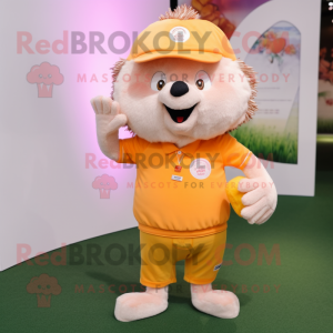 Peach Hedgehog mascot costume character dressed with a Polo Shirt and Hat pins