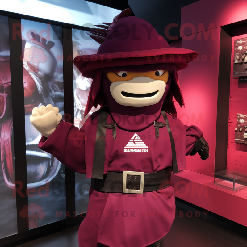 Maroon Samurai mascot costume character dressed with a Windbreaker and Hat pins