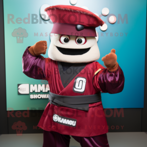 Maroon Samurai mascot costume character dressed with a Windbreaker and Hat pins