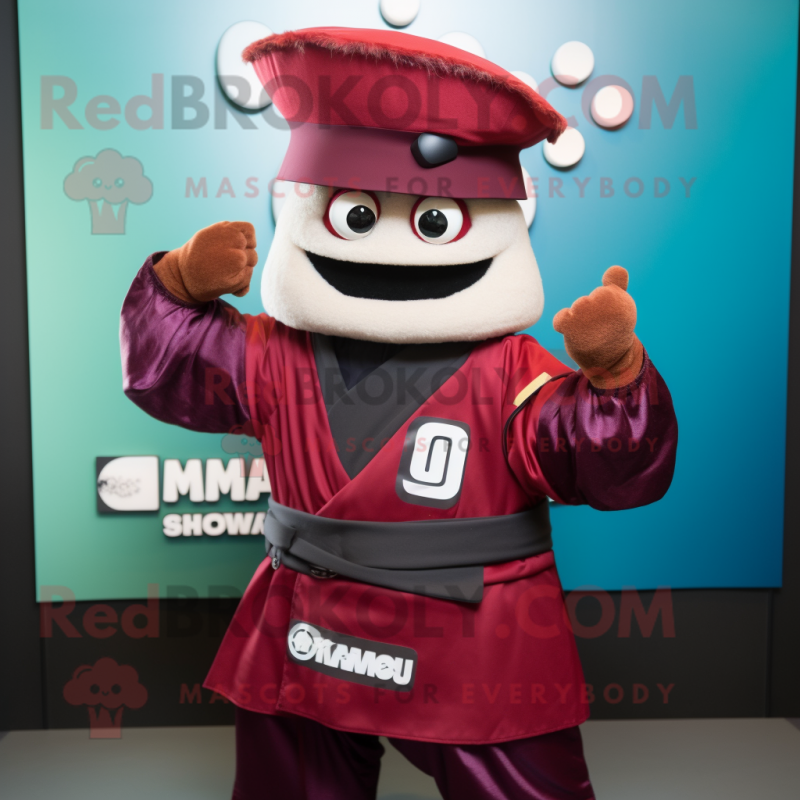 Maroon Samurai mascot costume character dressed with a Windbreaker and Hat pins Maroon Samurai mascot costume character dressed with a Windbreaker and Hat pins