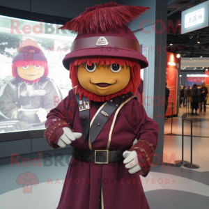Maroon Samurai mascot costume character dressed with a Windbreaker and Hat pins