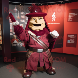 Maroon Samurai mascot costume character dressed with a Windbreaker and Hat pins