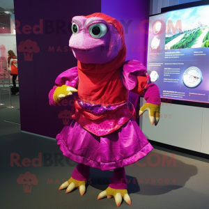 Magenta Turtle mascot costume character dressed with a Wrap Skirt and Cummerbunds