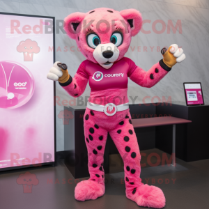 Pink Cheetah mascot costume character dressed with a Bikini and Smartwatches