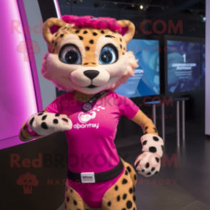 Pink Cheetah mascot costume character dressed with a Bikini and Smartwatches